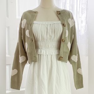 Sage Green Textured Fuzzy Heart Patches Cardigan